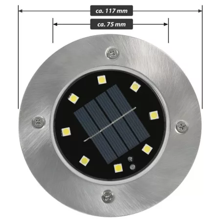 Tesco Outdoor SGL-6 talajba süllyeszthető, leszúrható 6 db inox szolár lámpa, nemesacél napelemes kerti lámpa 6 x 8 db melegfehér LED, 12 cm