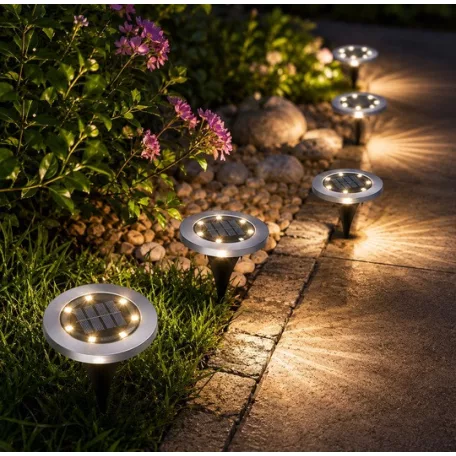 Tesco Outdoor SGL-6 talajba süllyeszthető, leszúrható 6 db inox szolár lámpa, nemesacél napelemes kerti lámpa 6 x 8 db melegfehér LED, 12 cm