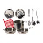 Koopman S34-495300 Cooking Set, 9 részes játék inox, nemesacél konyhai készlet gyerekeknek, serpenyővel, fazékkal, fedőkkel, kanalakkal és konyharuhával