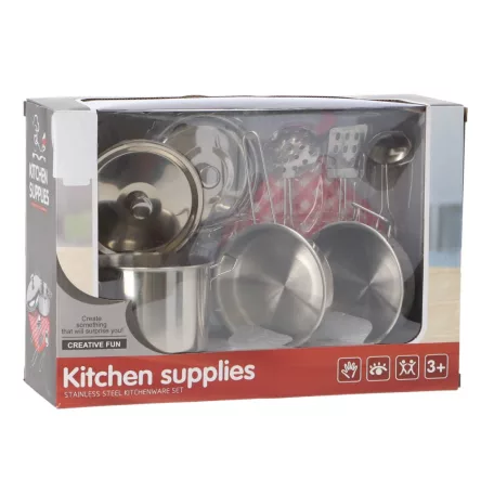 Koopman S34-495300 Cooking Set, 9 részes játék inox, nemesacél konyhai készlet gyerekeknek, serpenyővel, fazékkal, fedőkkel, kanalakkal és konyharuhával