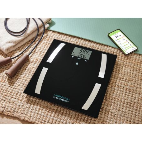 SilverCrest SBF 77 Bluetooth Diagnosztikai mérleg, LCD kijelzős digitális személymérleg 180 kg teherbírással 6 az 1-ben funkcióval