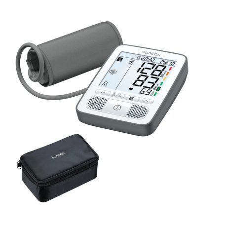 Sanitas SBM 53 beszélő felkaros digitális automata vérnyomásmérő, mért érték felolvasás és tárolás funkcióval, tárolótáskával
