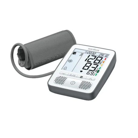 Sanitas SBM 53 beszélő felkaros digitális automata vérnyomásmérő, mért érték felolvasás és tárolás funkcióval, tárolótáskával