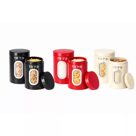 SilverCrest SCS 15 A1 Retro 1973 Storage Container Set 2 darabos száraz élelmiszer tároló doboz készlet betekintő ablakkal 2 x 1.5 liter kapacitással piros, krém vagy fekete színben