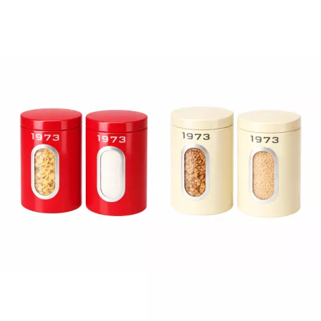 SilverCrest SCS 15 A1 Retro 1973 Storage Container Set 2 darabos száraz élelmiszer tároló doboz készlet betekintő ablakkal 2 x 1.5 liter kapacitással piros, krém vagy fekete színben