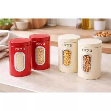 SilverCrest SCS 15 A1 Retro 1973 Storage Container Set 2 darabos száraz élelmiszer tároló doboz készlet betekintő ablakkal 2 x 1.5 liter kapacitással piros, krém vagy fekete színben