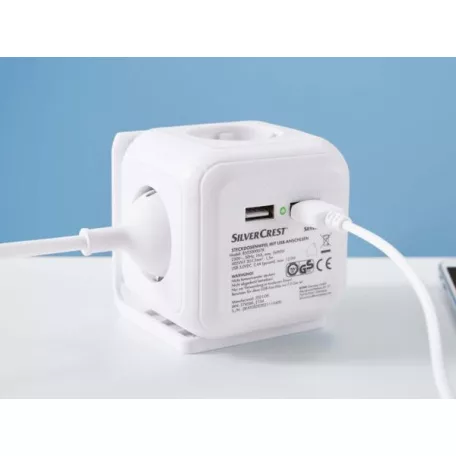 SilverCrest PowerCube 6 Socket Cube multifunkciós elosztó kocka 4 hálózati aljzattal, 2 USB porttal, 1.5 m kábellel