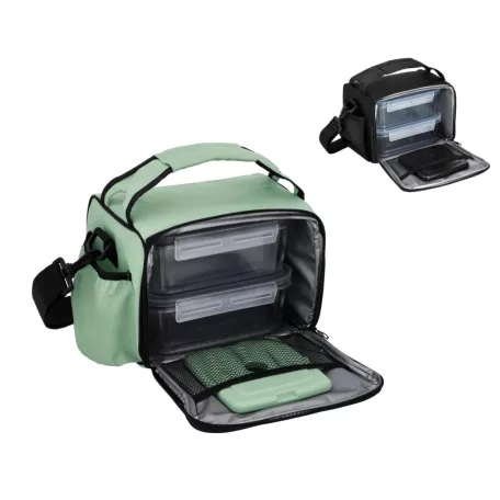 SilverCrest 5L polyester hűtőtáska 4 db frissentartó, fedeles ételtároló dobozzal, vállpánttal 24 x 19 x 179 cm, fekete / zöld
