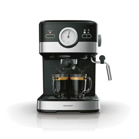 SilverCrest SEM 1100 C5 eszpresszó / cappuccino kávéfőző, 1100W 5 bar 1 / 2 csészés presszókávéfőző, fekete-ezüst színben