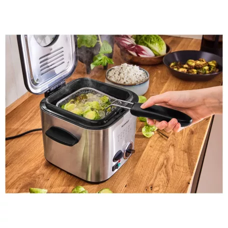 SilverCrest SFM 840 B1 inox, nemesacél 1.2 literes 840W mini olajsütő, 1-2 személyes fritőz fix, tapadásmentes üsttel