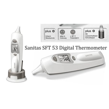 Sanitas SFT 53 infravörös fülhőmérő, digitális lázmérő 1 db cserélhető védősapkával és praktikus, átlátszó műanyag tároló és hordozó tokkal