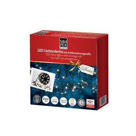 Simpex kültéri / beltéri melegfehér LED fényfüzér zöld kábellel, 1000 db melegfehér LED-el 23 méter