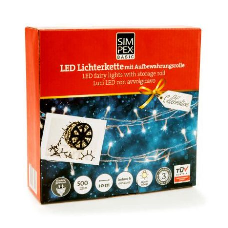 Simpex kültéri / beltéri melegfehér LED fényfüzér zöld kábellel, 500 db melegfehér LED-el 13 méter