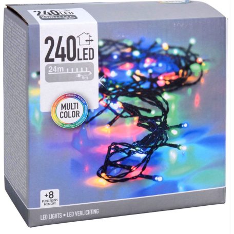 Simpex kültéri / beltéri színes LED fényfüzér zöld kábellel, 240 db RGB Multicolor színes LED-el 24 méter, 8 program (AX8-406040)