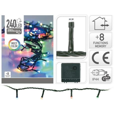 Simpex kültéri / beltéri színes LED fényfüzér zöld kábellel, 240 db RGB Multicolor színes LED-el 24 méter, 8 program (AX8-406040)