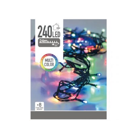 Simpex kültéri / beltéri színes LED fényfüzér zöld kábellel, 240 db RGB Multicolor színes LED-el 24 méter, 8 program (AX8-406040)