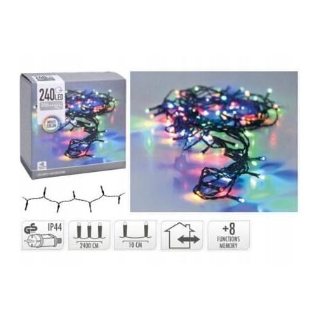 Simpex kültéri / beltéri színes LED fényfüzér zöld kábellel, 240 db RGB Multicolor színes LED-el 24 méter, 8 program (AX8-406040)