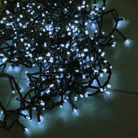 Simpex kültéri / beltéri jégfehér (hidegfehér) LED fényfüzér zöld kábellel, 400 db hidegfehér LED-el 8 méter, 8 program (AX8-510000)