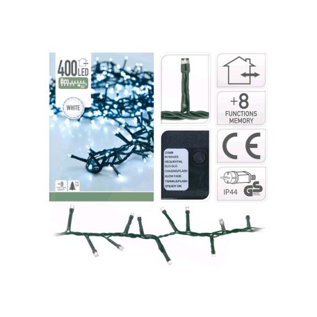 Simpex kültéri / beltéri jégfehér (hidegfehér) LED fényfüzér zöld kábellel, 400 db hidegfehér LED-el 8 méter, 8 program (AX8-510000)