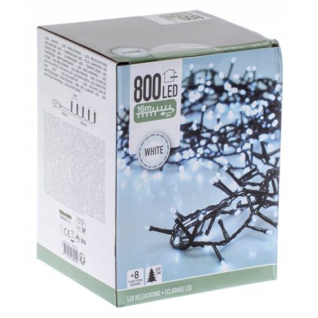 Simpex kültéri / beltéri jégfehér (hidegfehér) LED fényfüzér zöld kábellel, 800 db hidegfehér LED-el 16 méter, 8 program (AX8-510030)