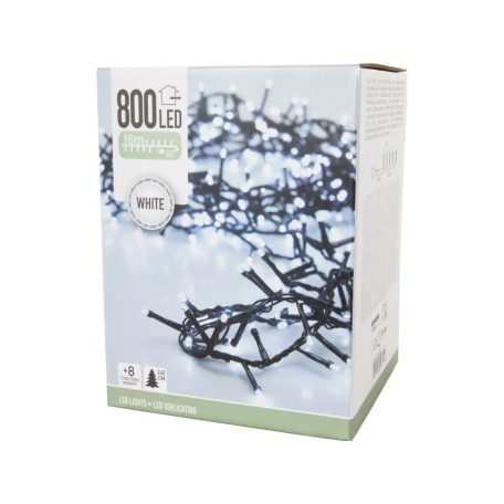 Simpex kültéri / beltéri jégfehér (hidegfehér) LED fényfüzér zöld kábellel, 800 db hidegfehér LED-el 16 méter, 8 program (AX8-510030)