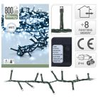 Simpex kültéri / beltéri jégfehér (hidegfehér) LED fényfüzér zöld kábellel, 800 db hidegfehér LED-el 16 méter, 8 program (AX8-510030)