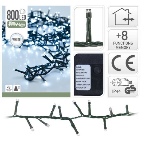 Simpex kültéri / beltéri jégfehér (hidegfehér) LED fényfüzér zöld kábellel, 800 db hidegfehér LED-el 16 méter, 8 program (AX8-510030)