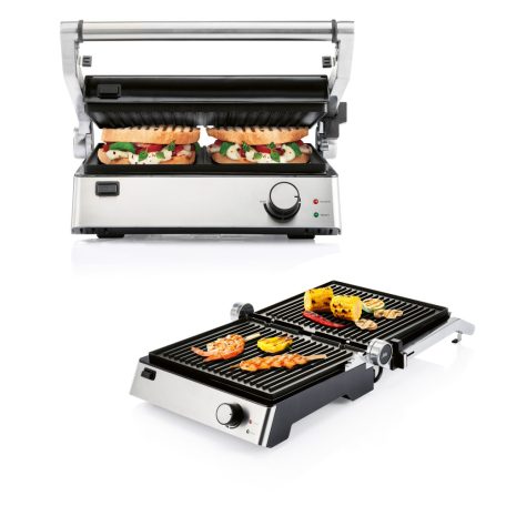 SilverCrest SKGE 2000 D3 inox nemesacél kontaktgrill, 2000W kontakt grill, grillsütő, 30 x 26 cm kivehető sütőlapokkal