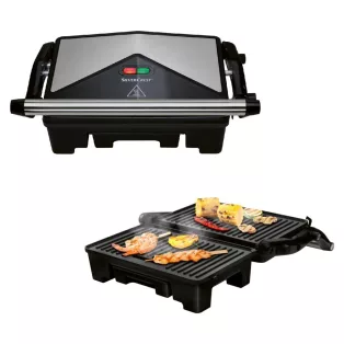   SilverCrest SKM 1000 A1 1000W elektromos grillsütő, 180°-ban nyitható mini kerámia kontaktgrill, asztali grill, 23 x 14.5 cm ILAG Ceralon kerámia bevonattal, inox - fekete kontakt grill