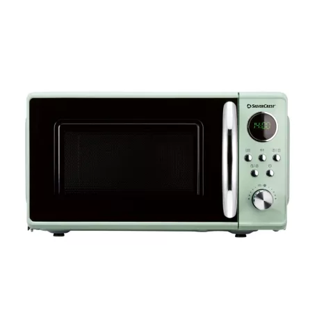 SilverCrest SMWC 700 D1 Retro Design 17L 700W digitális mikrohullámú sütő, forgótányéros mikró, mikrósütő 8 automata programmal, pisztáciazöld színben