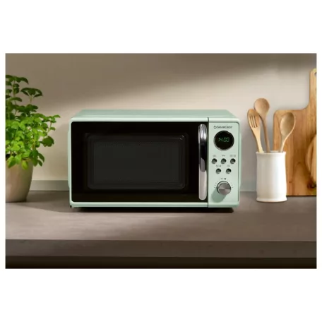 SilverCrest SMWC 700 D1 Retro Design 17L 700W digitális mikrohullámú sütő, forgótányéros mikró, mikrósütő 8 automata programmal, pisztáciazöld színben