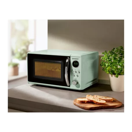 SilverCrest SMWC 700 D1 Retro Design 17L 700W digitális mikrohullámú sütő, forgótányéros mikró, mikrósütő 8 automata programmal, pisztáciazöld színben