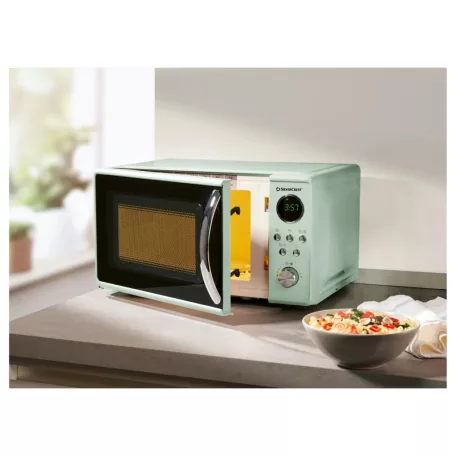SilverCrest SMWC 700 D1 Retro Design 17L 700W digitális mikrohullámú sütő, forgótányéros mikró, mikrósütő 8 automata programmal, pisztáciazöld színben
