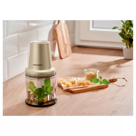 SilverCrest SMZ 260 L5 Mini Chopper 260W 300 ml konyhai aprító jégdaráló funkcióval, habverő betéttel és nemesacél pengékkel, fekete / pezsgő színben (484649)