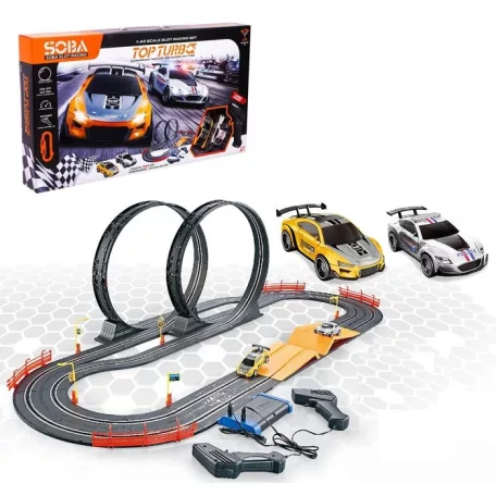 SOBA Slot Racing Top Turbo 5.6 m elektromos (elemes) versenypálya szett, autópálya 2 db távirányítható autóval, dupla halálkanyarral