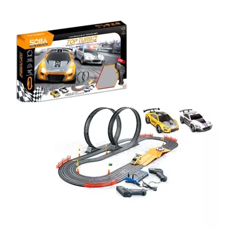 SOBA Slot Racing Top Turbo 5.6 m elektromos (elemes) versenypálya szett, autópálya 2 db távirányítható autóval, dupla halálkanyarral