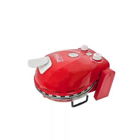Coca-Cola® SPM-900CC piros 1400W 30 cm elektromos pizzasütő, pizzakemence hőmérúvel, 305 x 10 mm pizzakővel, fém pizzalapáttal