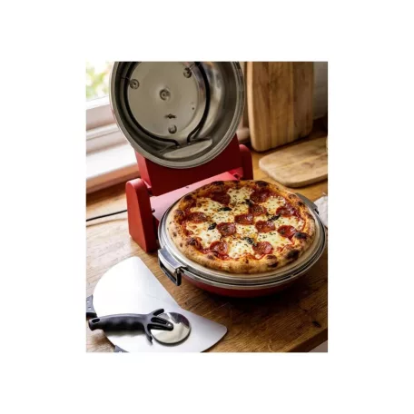 Coca-Cola® SPM-900CC piros 1400W 30 cm elektromos pizzasütő, pizzakemence hőmérúvel, 305 x 10 mm pizzakővel, fém pizzalapáttal
