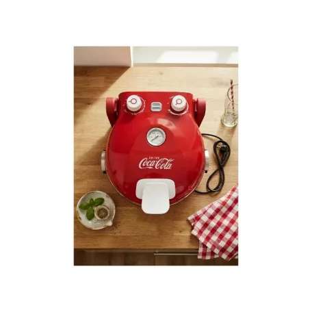 Coca-Cola® SPM-900CC piros 1400W 30 cm elektromos pizzasütő, pizzakemence hőmérúvel, 305 x 10 mm pizzakővel, fém pizzalapáttal