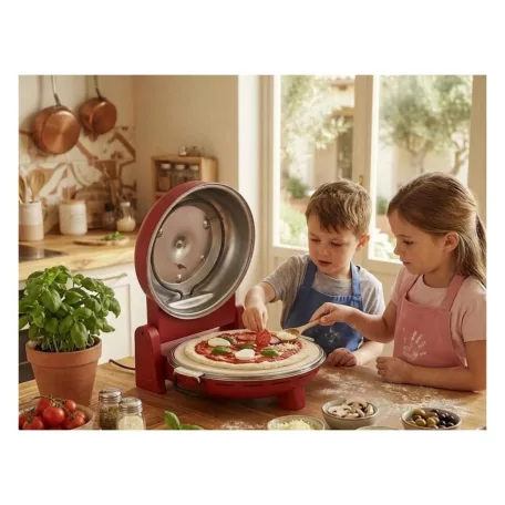 Coca-Cola® SPM-900CC piros 1400W 30 cm elektromos pizzasütő, pizzakemence hőmérúvel, 305 x 10 mm pizzakővel, fém pizzalapáttal
