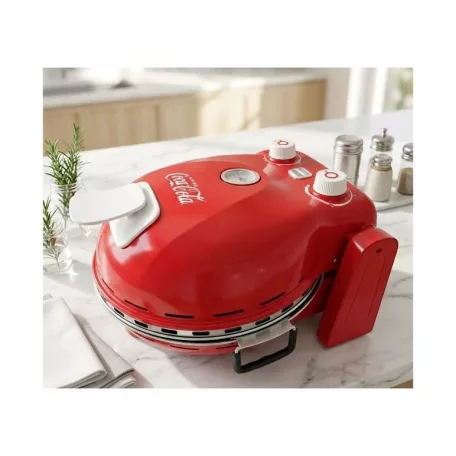 Coca-Cola® SPM-900CC piros 1400W 30 cm elektromos pizzasütő, pizzakemence hőmérúvel, 305 x 10 mm pizzakővel, fém pizzalapáttal