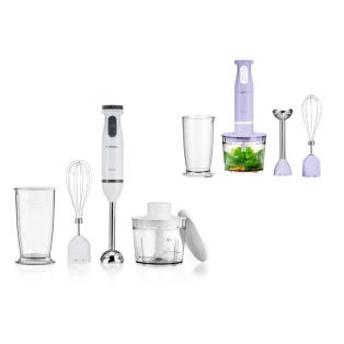   SilverCrest SSMS 600 E6 inox, nemesacél 600W botmixer szett, rúdmixer készlet 500 ml aprítóval, 700 ml keverőpohárral és habverővel, fehér / lila (3 in 1)