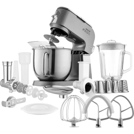 Sencor STM 7900 Paul szálcsiszolt alumínium burkolatú 1500W 6L prémium konyhai robotgép, dagasztógép fém fogaskerekekkel, turmixal, húsdarálóval és reszelővel