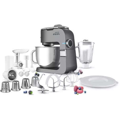 Sencor STM 7900 Paul szálcsiszolt alumínium burkolatú 1500W 6L prémium konyhai robotgép, dagasztógép fém fogaskerekekkel, turmixal, húsdarálóval és reszelővel