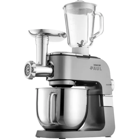 Sencor STM 7900 Paul szálcsiszolt alumínium burkolatú 1500W 6L prémium konyhai robotgép, dagasztógép fém fogaskerekekkel, turmixal, húsdarálóval és reszelővel