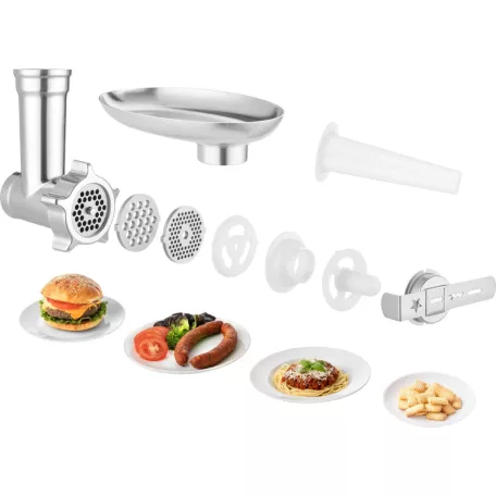 Sencor STM 7900 Paul szálcsiszolt alumínium burkolatú 1500W 6L prémium konyhai robotgép, dagasztógép fém fogaskerekekkel, turmixal, húsdarálóval és reszelővel