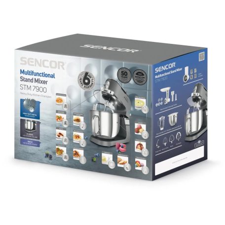 Sencor STM 7900 Paul szálcsiszolt alumínium burkolatú 1500W 6L prémium konyhai robotgép, dagasztógép fém fogaskerekekkel, turmixal, húsdarálóval és reszelővel