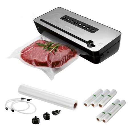 SilverCrest SVEB 160 C3 Maxi Pack Wet & Soft inox nemesacél 160W prémium vákuumcsomagoló fóliahegesztő, pácolás funkcióval és fóliavágóval, 6 tekercs sous-vide fóliával