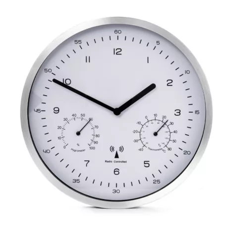 Sempre 728236 DCF inox rádióvezérelt analóg, hangtalan mechanikus falióra, szálcsiszolt alumínium kerettel, páratartalom mérővel és hőmérővel, fehér számlappal