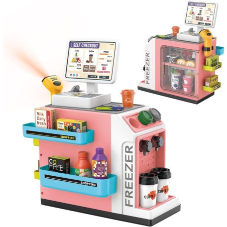 Shantou Toys Szupermarket 46 darabos bevásárlóközpont játék fény és hanghatásokkal, pénztárgéppel, terminállal, hűtővel és mini élelmiszerekkel (668-138)